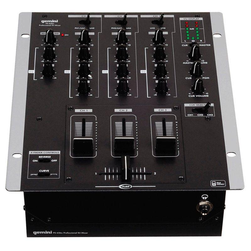 Mixer DJ de 3 Canais Gemini PS 626 X Reverse e Crossfader Preto
